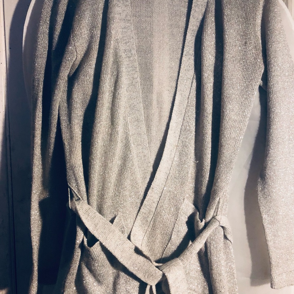 Silver Vintage Cardigan Sweater with Belted Waist